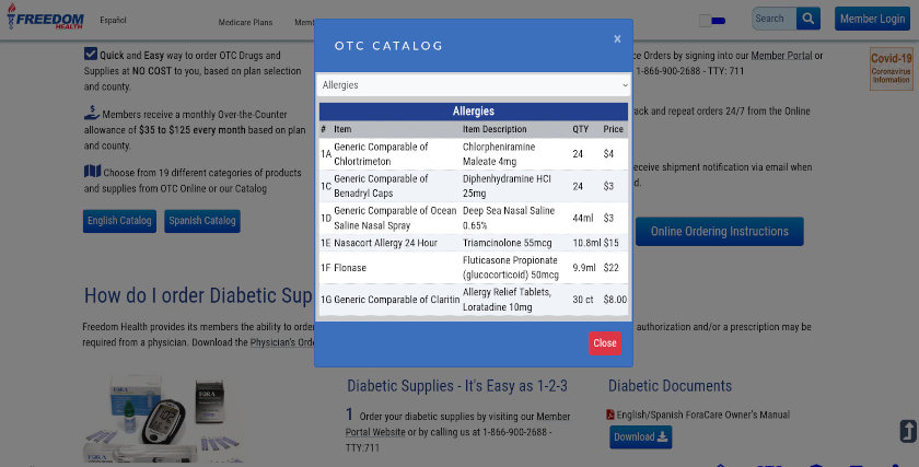 Freedom Health OTC menu screen shot