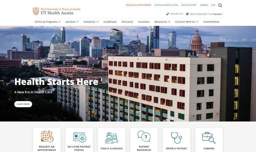UT Health Austin front page screenshot