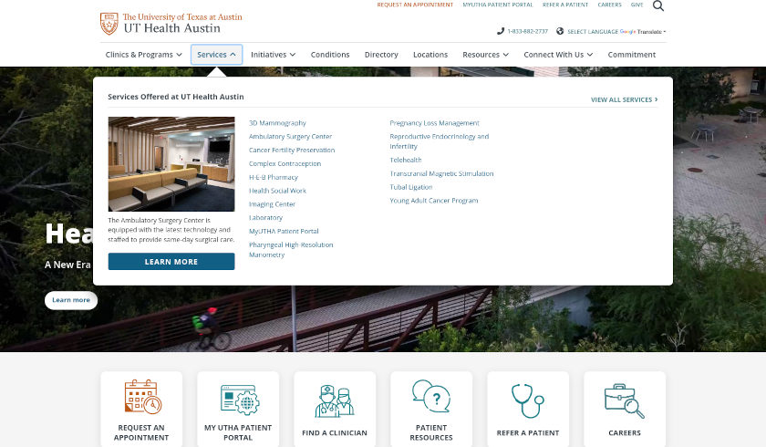 UT Health Austin front page screenshot